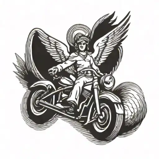 Guardian angel riding with another biker while riding, the angel is slightly ahead looking back at him tattoo design idea