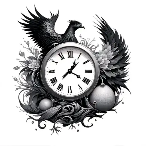 Clock Yuzu Baby Footstep and Phoenix tattoo design idea