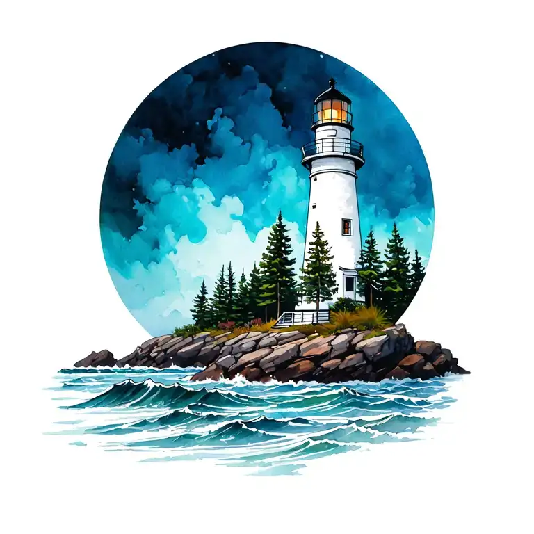 white lighthouse with evergreens behind it on a rocky coast with sea spray in front of it tattoo design idea