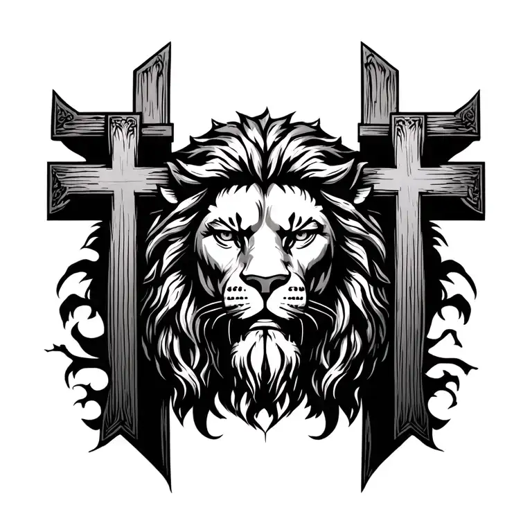 Jesus silhouette in crosss with cross on each side. A fierce lion head as backdrop  tattoo design idea