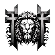 Jesus silhouette in crosss with cross on each side. A fierce lion head as backdrop  tattoo design idea