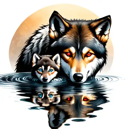 Realistic wolf with red eyes looking into water reflection and showing a wolf cub with blue eyes in the reflection tattoo design idea