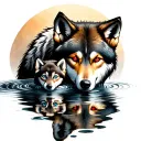 Realistic wolf with red eyes looking into water reflection and showing a wolf cub with blue eyes in the reflection tattoo design idea