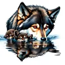 Realistic wolf with red eyes looking into water reflection and showing a wolf cub with blue eyes in the reflection tattoo design idea