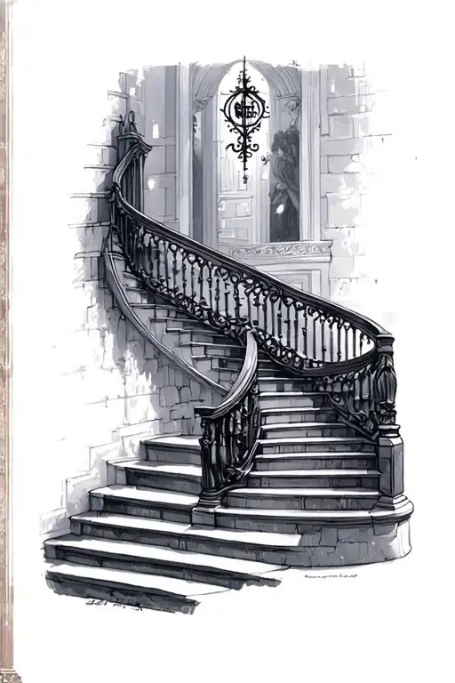 Dark Romance book staircase with fantasy scene tattoo design idea