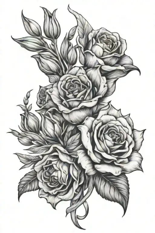 rose, tulip, honeysuckle and gladiola bouquet tied tattoo design idea