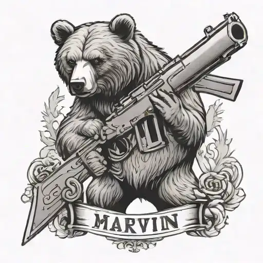 russian bear with gun protect 2 kids name marvin and alina tattoo design idea