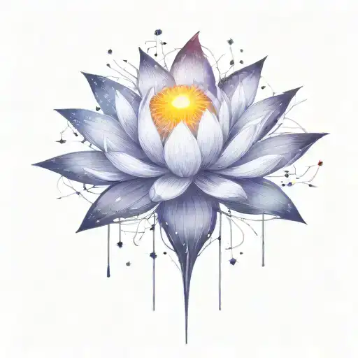 add deep space themed objects and orbiting stars around the lotus using dark colors  tattoo design idea