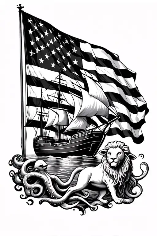 American Flag primarily black, with an Exploration Ship, a Lamb rising into a lion, an octopus, Melpomene, and Thalia tattoo design idea