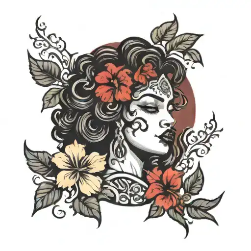 black goddess surrounded by hibiscus flowers, smoke, some red colors on forearm  tattoo design idea