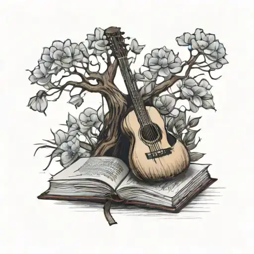 tree of life growing out of an open book. a guitar leaning against the tree. morning glory flowers  tattoo design idea