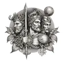 a half sleeve tatoo featuring the roman gods Neptune, Mars, and Mercury tattoo design idea