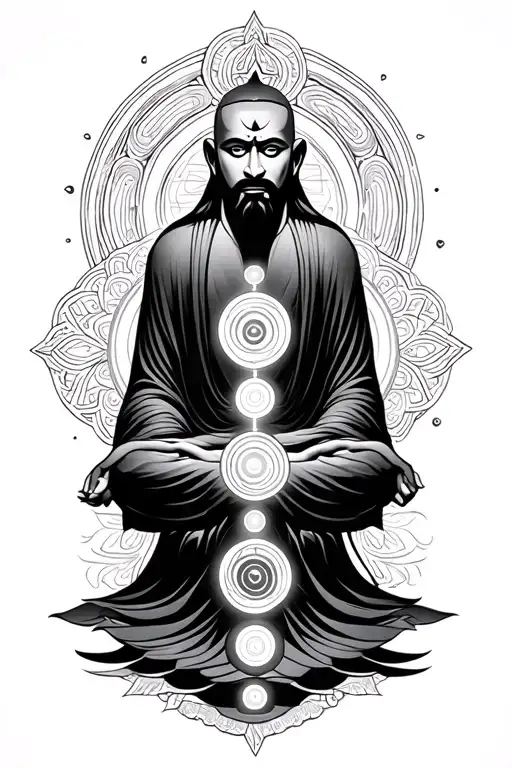 Monk, chakras, karma symbol intertwined tattoo design idea