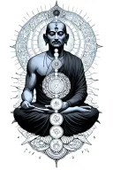 Monk, chakras, karma symbol intertwined tattoo design idea