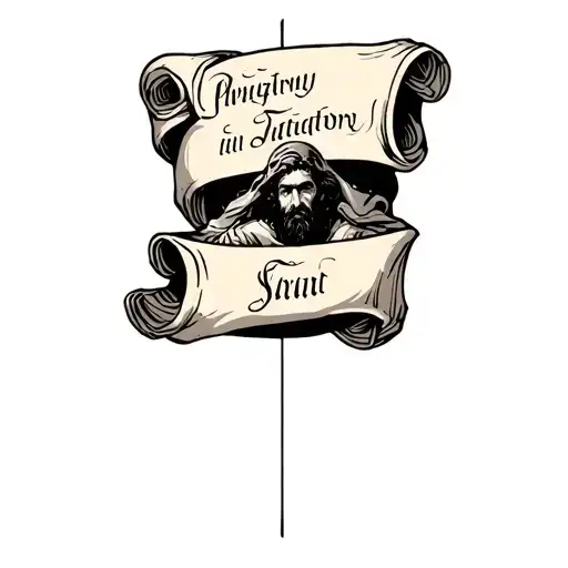 Italic writing on scroll wrapped together with guy in purgatory in between tattoo design idea