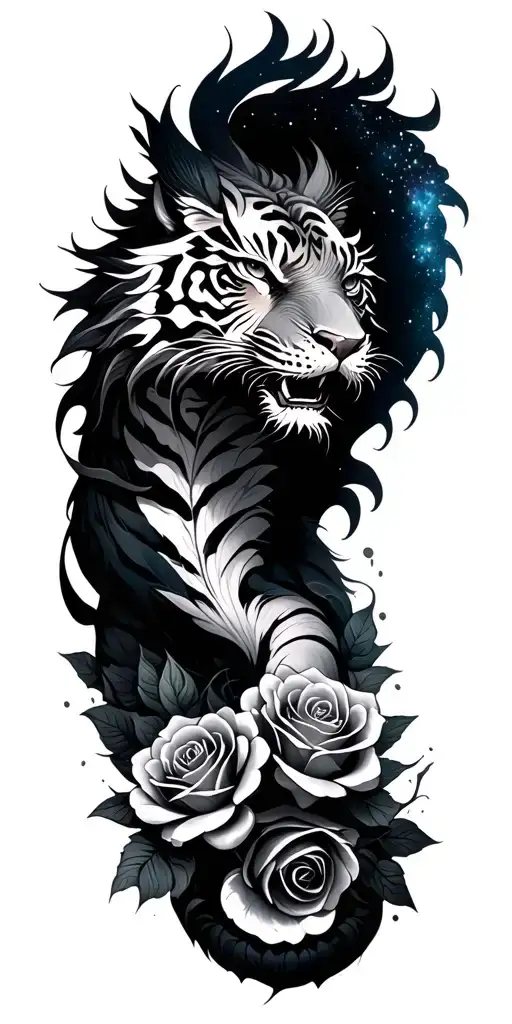 tiger dragon, roses growing, galaxy, sleeve tattoo design idea