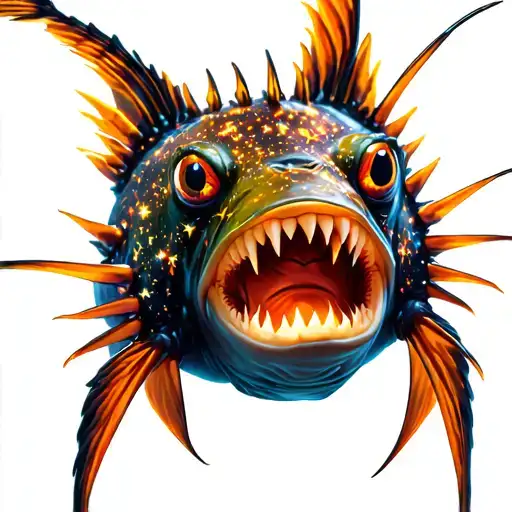 angler fish with sparkles and stars all over its body, glowing , magical , stars , sharp teeth , glowing eyes ,anglerfis tattoo design idea