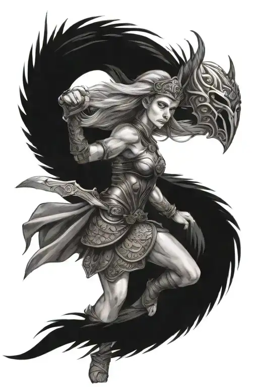 norse warrior in background with Valkyrie as front piece tattoo design idea