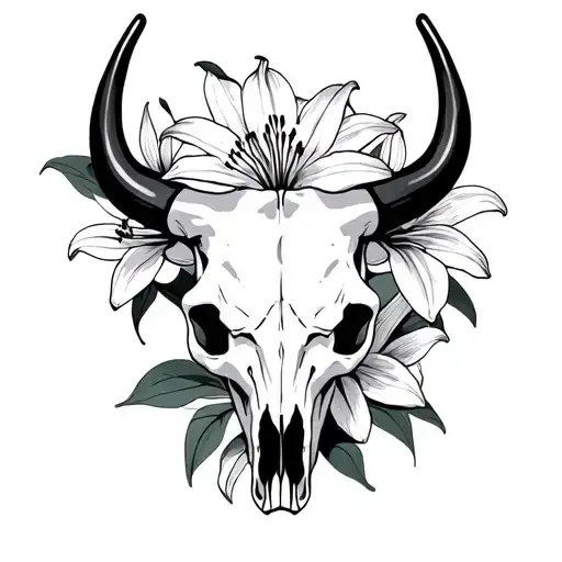 bull skull and lily flowers tattoo design idea
