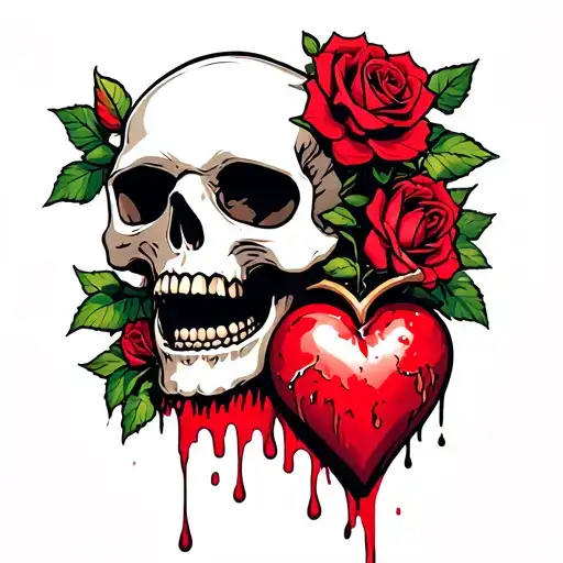 Skull with roses in the back, bleeding heart in open mouth, looking to the left. Banners above and bellow. tattoo design idea