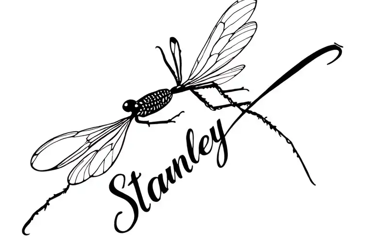 word Stanley incorporated with a dragonfly tattoo design idea