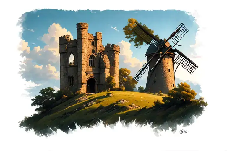 windmill ruin castle on a hill tattoo design idea