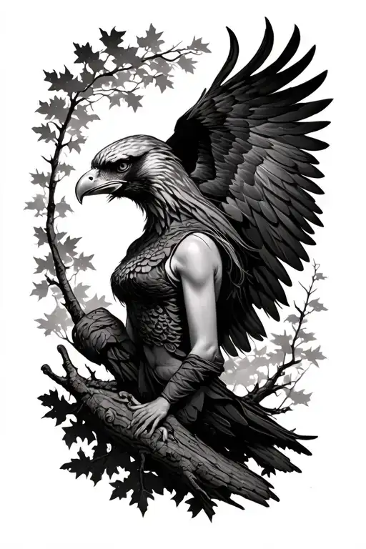 girl of army Eagle fall oak tree tattoo design idea