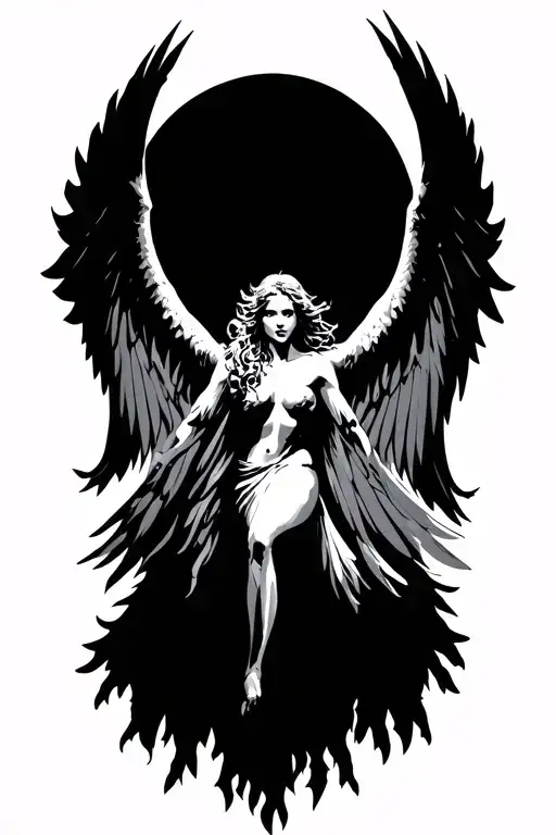 dark Fallen angel flying down tattoo design idea