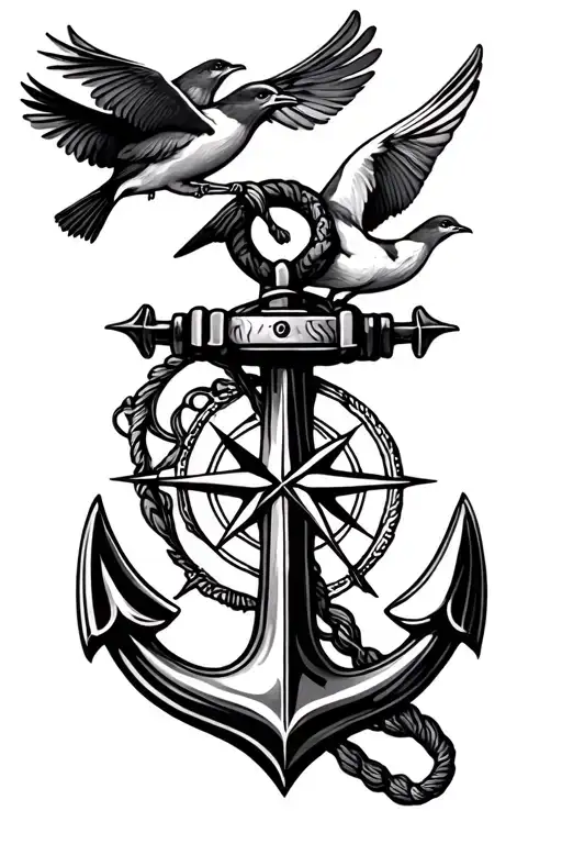 anchor and compass with birds on top  tattoo design idea