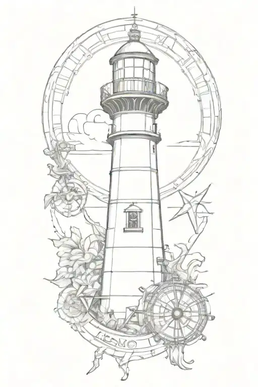 lighthouse surrounded by a compass and anchor tattoo design idea