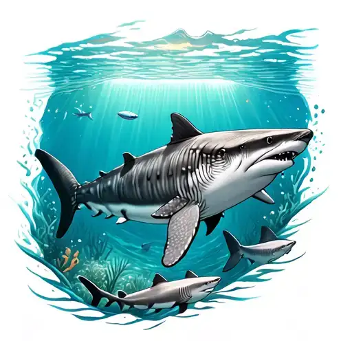 leg sleeve with ocean floor and a whale shark, normal shark and other sea animals swimming  tattoo design idea