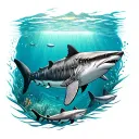 leg sleeve with ocean floor and a whale shark, normal shark and other sea animals swimming  tattoo design idea