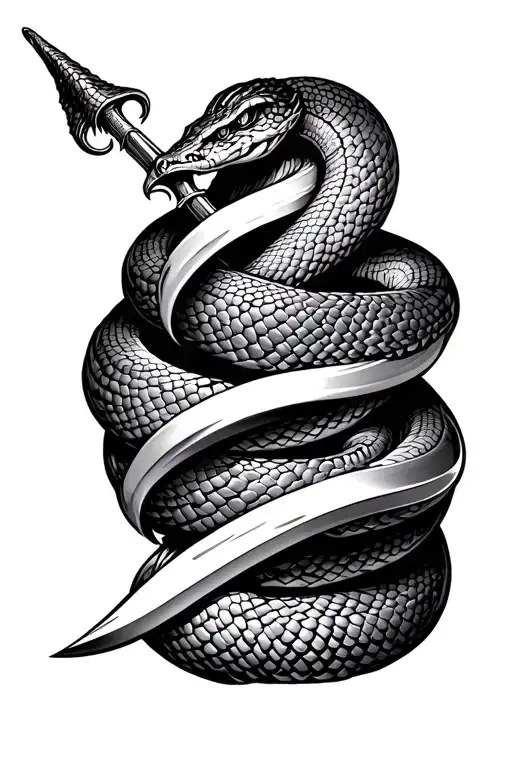 snake wrapped around dagger on forearm tattoo design idea