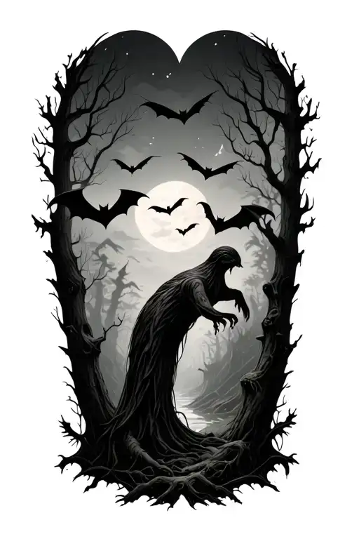haunted forest sleeve with bats flying across tattoo design idea