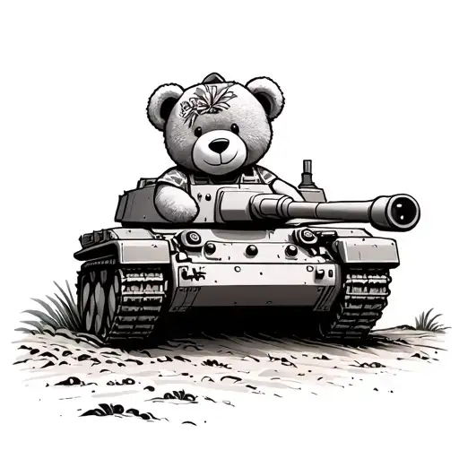 teddy bear as a tank commander, poping his head out the opening of the tank, wearing an Hawaii shirt, side view tattoo design idea