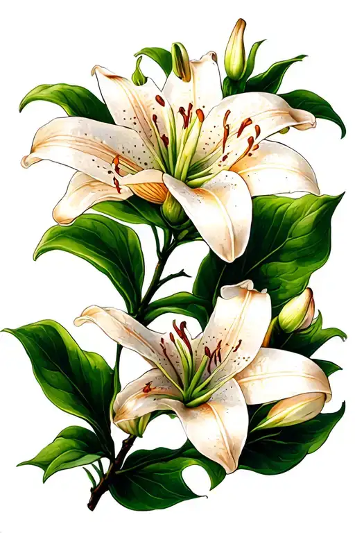 Let the serpil text hide on the leaves on the branch of the lily flower tattoo design idea