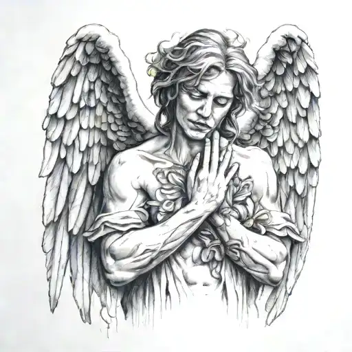 realistic full body angel with open wings and both hands on the face like crying tattoo design idea