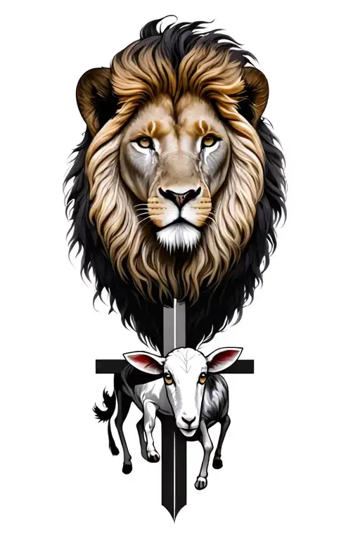 a pickture of a lion in the top left and a lamb on the top  right  with a cross going down the middle  tattoo design idea