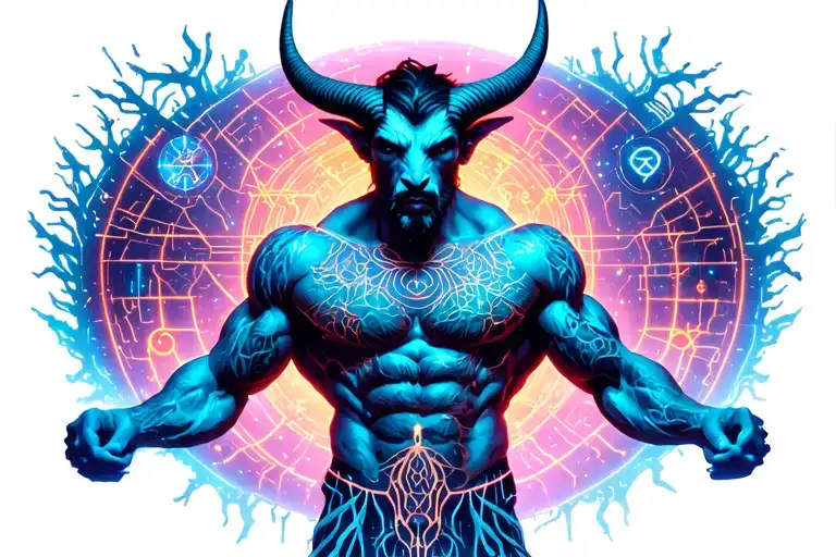 gay male horned lustful satyr with massive bodybuilder muscles. tree roots, constellations, musclepig, gyno nipples tattoo design idea