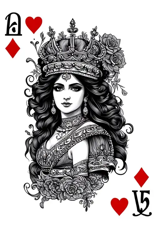 Queen of hearts, queen card, chola woman tattoo design idea