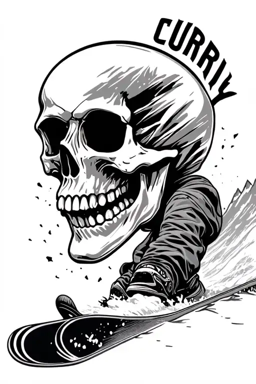 skull on a snowboard going down mountain, incorporating the name "CURRY" in some way  tattoo design idea