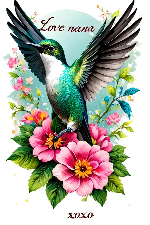 "Love nana xoxo" humming bird with open wings with flowers tattoo design idea