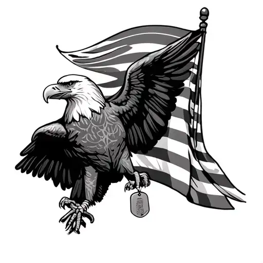 Bald eagle wings spread wide holding an american flag and dog tags tattoo design idea