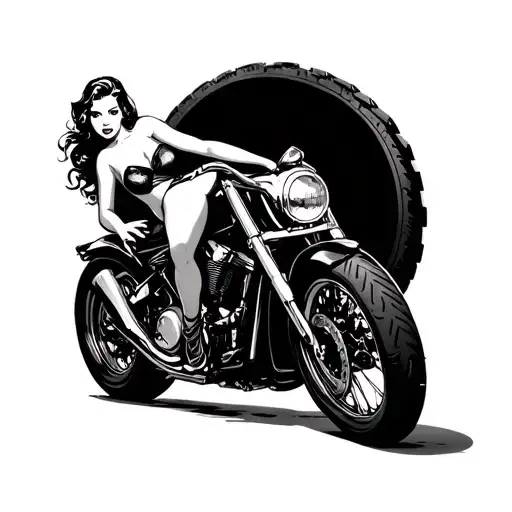pin up girl on motorcycle tire black and grey tattoo design idea