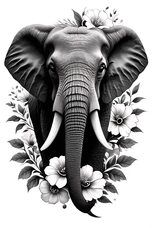 realistic elephant head with flowers intertwined tattoo design idea