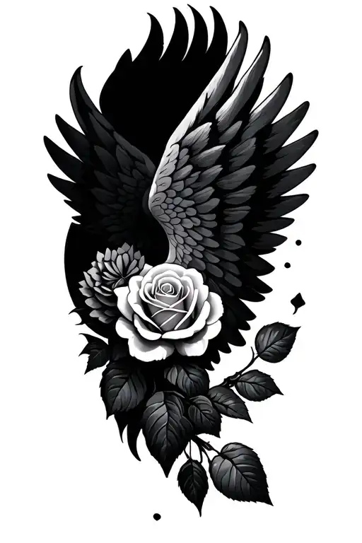 wings and rose tattoo design idea