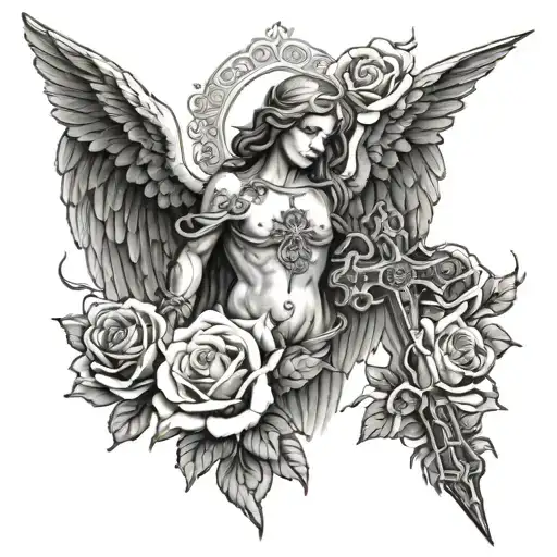 roses, arch angel michael, cross tattoo design idea