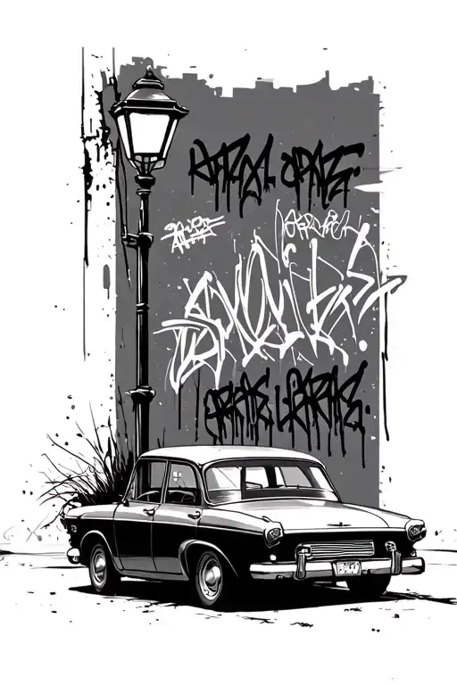 graffiti signed street wall with lamp and a car. and some minor urbanistic details tattoo design idea