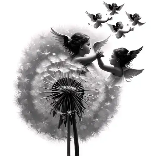 dandelion with 3 angels blowing kisses to sky tattoo design idea