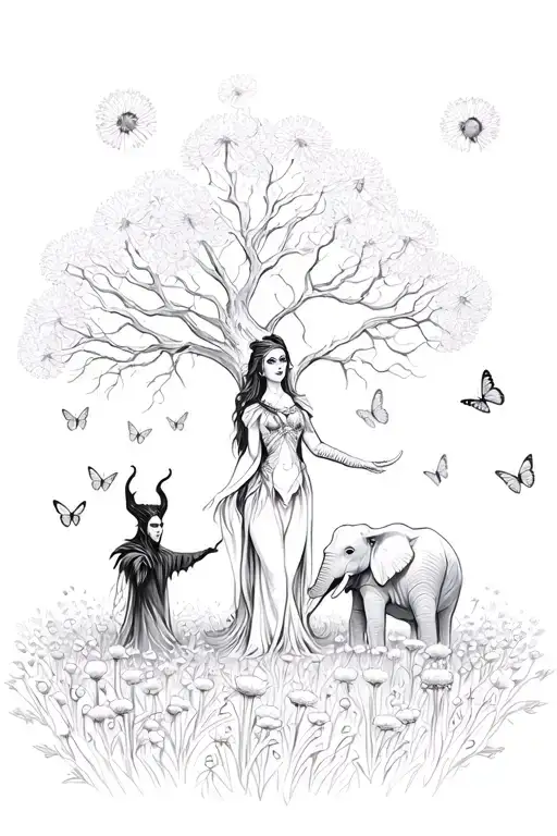 Madusa with maleficent standing under a poisonous tree pointing to an elephant in a feild of dandelions and butterflies  tattoo design idea